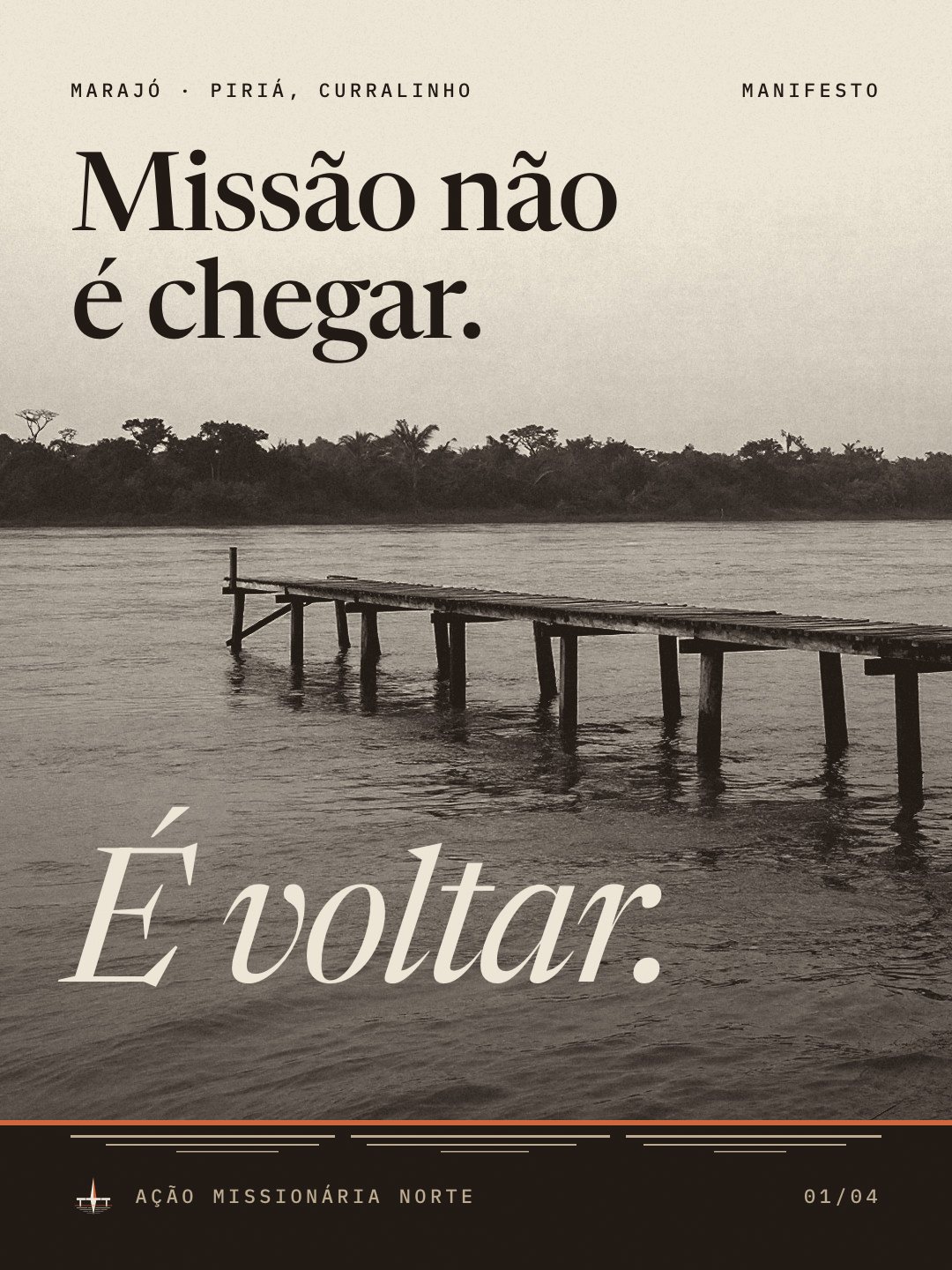 Carrossel 1, card 1: Missão não é chegar, escrito no céu, e É voltar, em itálico sobre a água do trapiche