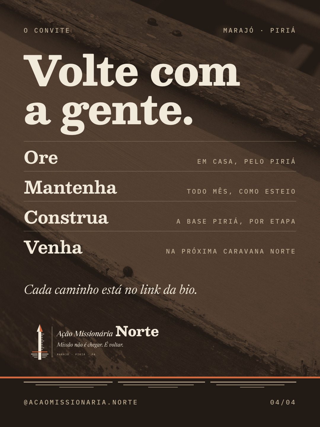 Carrossel 1, card 4: Volte com a gente, com os quatro caminhos Ore, Mantenha, Construa e Venha sobre fundo escuro