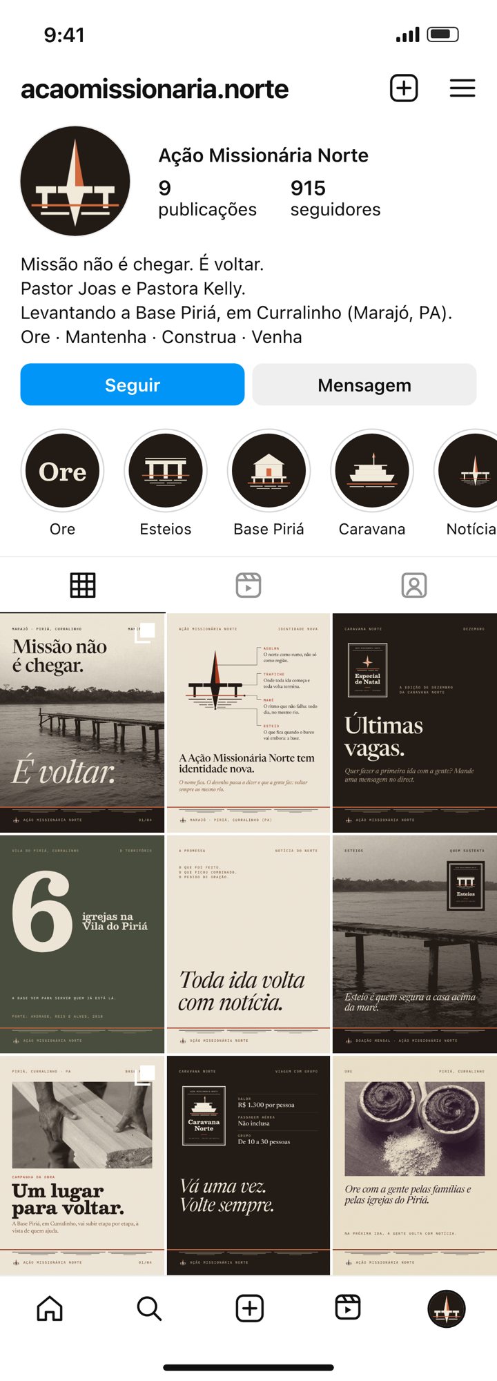 Tela do perfil @acaomissionaria.norte com avatar 02-A, bio nova, destaques e a grade de nove posts em três fileiras