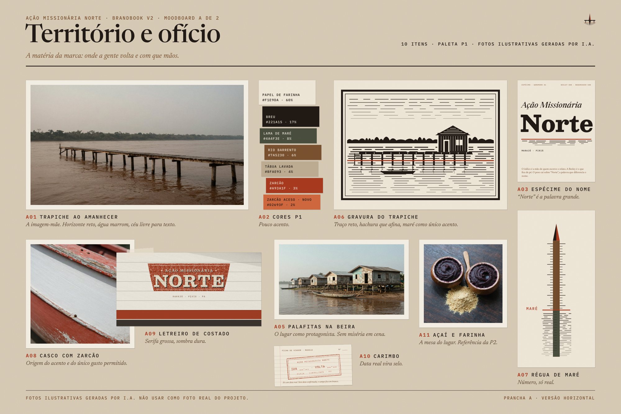 Moodboard A, Território e ofício, formato horizontal: trapiche ao amanhecer, recortes da paleta, espécime do nome, gravura do trapiche, régua de maré, casco com zarcão, letreiro de costado, palafitas, açaí e farinha e carimbo de ida e volta