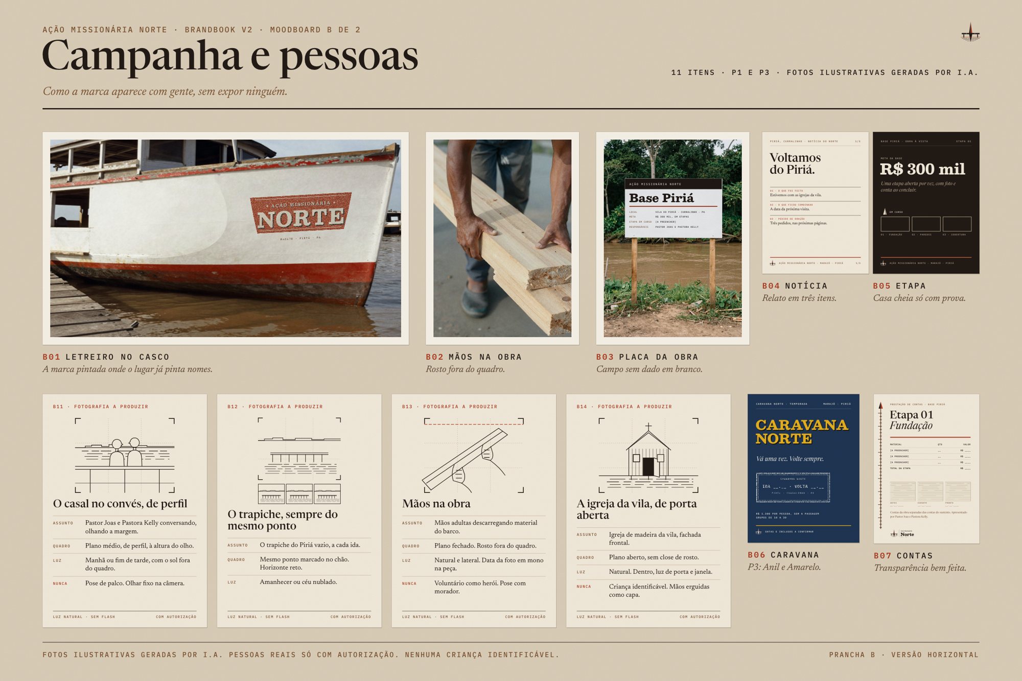 Moodboard B, Campanha e pessoas, formato horizontal: letreiro no casco, mãos na obra, placa da obra, posts de notícia e etapa, convite da Caravana, relatório de prestação de contas e cartões de direção de foto